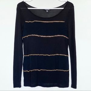 BEBE Size XS Blouse, Black/Golden Chain accents